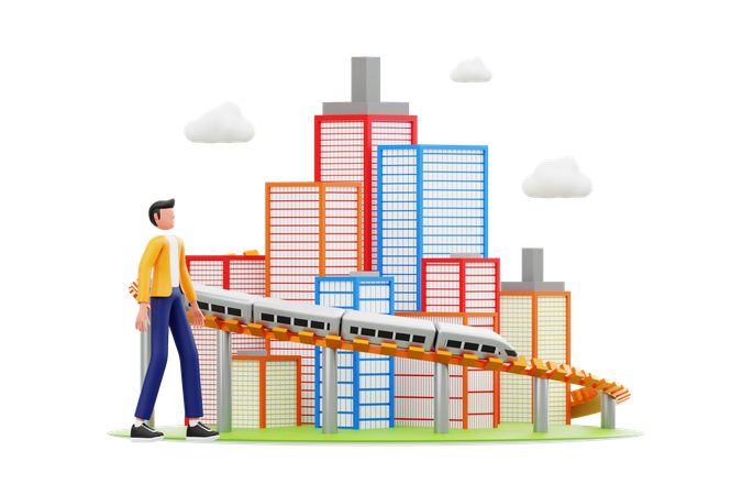 Homem caminhando e observando um trem moderno passando por prédios da cidade  3D Illustration