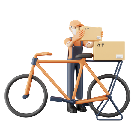 Homem carregando caixas de entrega em bicicleta  3D Illustration