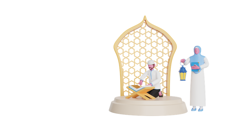 Homem celebrando Ramadhan Kareem lendo Tadarus al Quran  3D Illustration