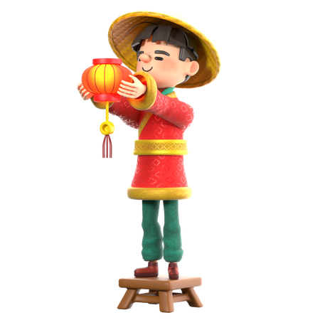 Homem chinês colocando lâmpada chinesa  3D Illustration