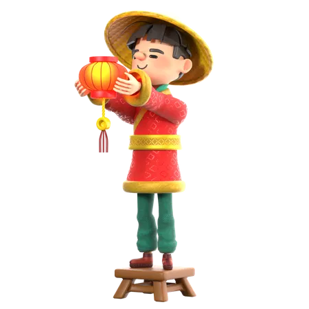 Homem chinês colocando lâmpada chinesa  3D Illustration