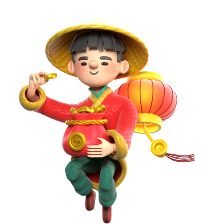 Homem chinês com moedas e lanternas chinesas  3D Illustration