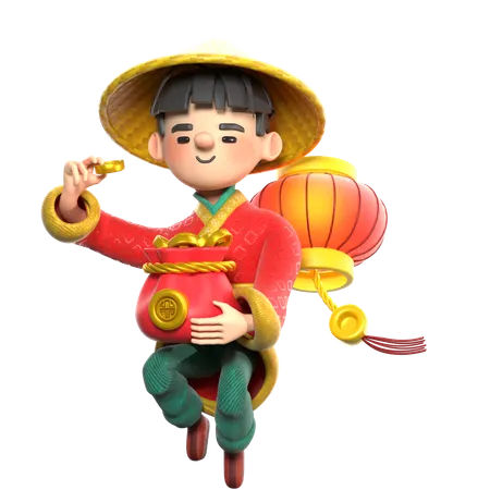 Homem chinês com moedas e lanternas chinesas  3D Illustration