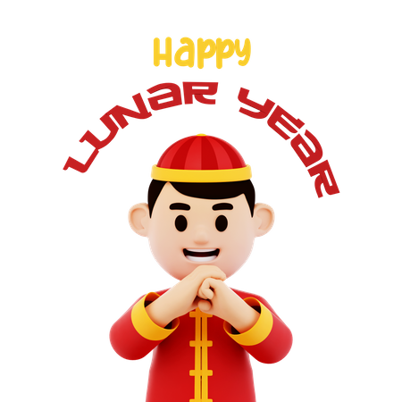 Personagem de homem chinês cumprimentando feliz ano lunar  3D Illustration