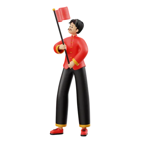 Personagem de homem chinês segurando bandeira  3D Illustration