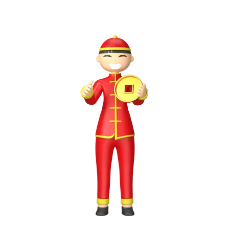 Homem chinês segurando moeda chinesa  3D Illustration