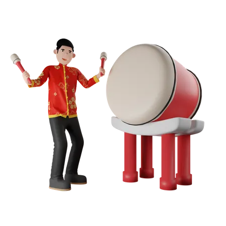 Homem Chinês Tocando Gong  3D Illustration