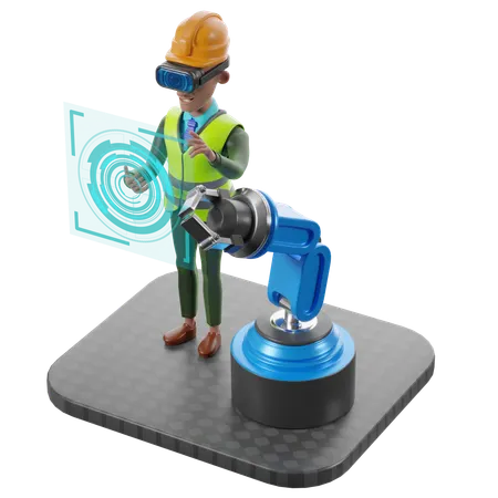 Homem colaborando com robôs autônomos  3D Illustration