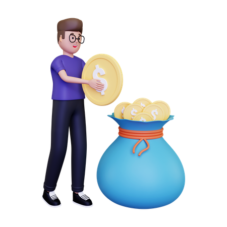 Homem colocando dinheiro na bolsa  3D Illustration