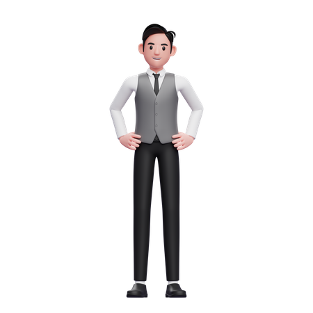 Homem com a mão na cintura usando um colete cinza de escritório  3D Illustration