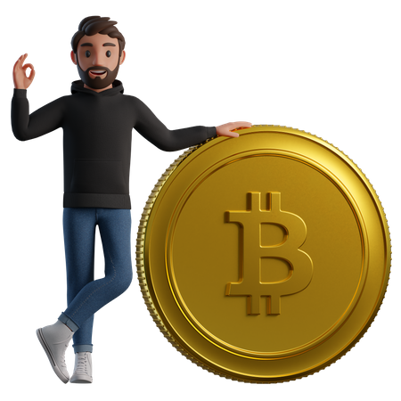 Homem com bitcoin mostrando um gesto ok  3D Illustration