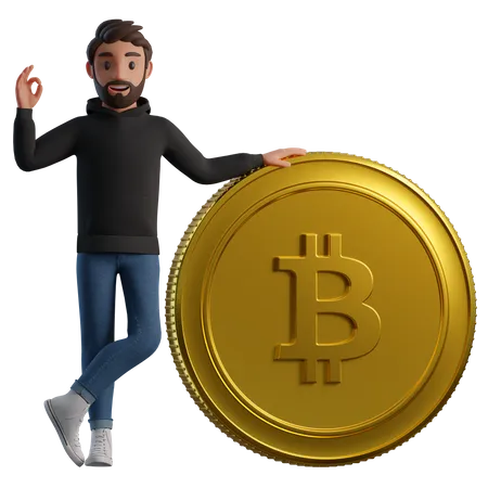 Homem com bitcoin mostrando um gesto ok  3D Illustration