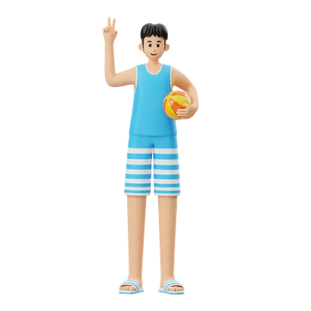 Homem com bola de praia  3D Illustration