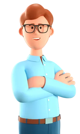 Ilustracao 3 D De Um Homem Bonito Dos Desenhos Animados Com Oculos De Camisa Azul Com Os Bracos Cruzados Feche O Retrato Do Empresario Confiante Sorridente 3D Illustration