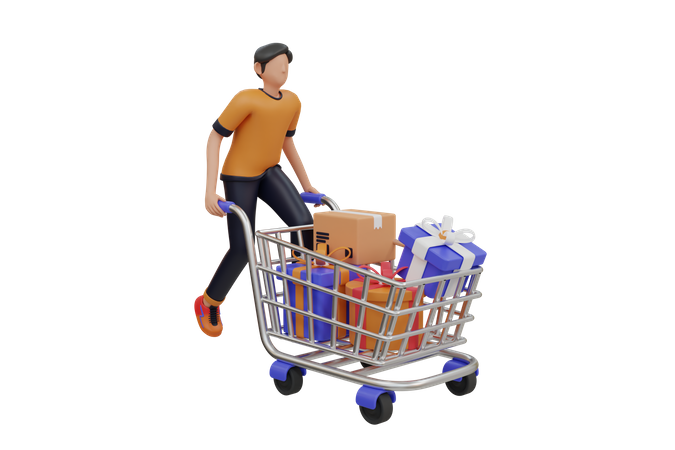 Homem com carrinho de compras  3D Illustration