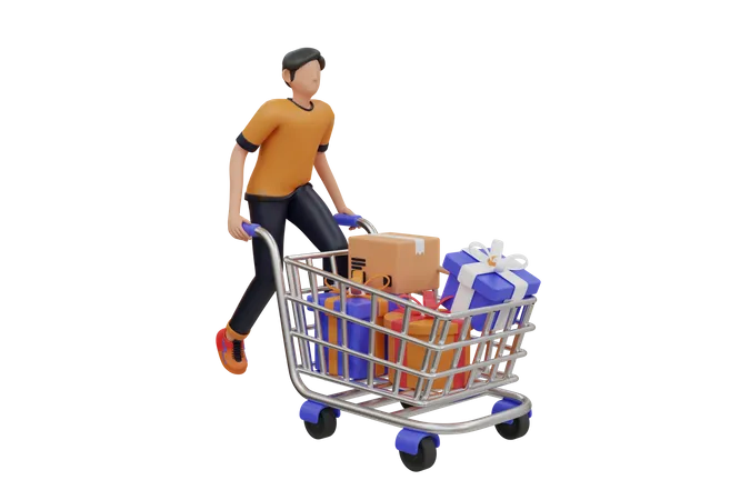 Homem com carrinho de compras  3D Illustration