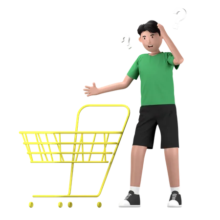 Homem com carrinho de compras vazio  3D Illustration