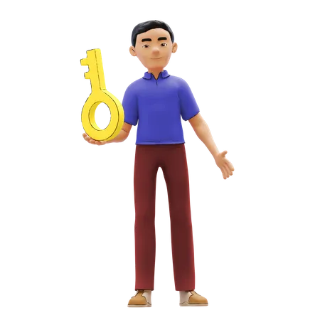 Homem com chave de sucesso  3D Illustration