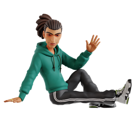 Homem com dreadlocks acenando com a mão enquanto faz pose sentada  3D Icon
