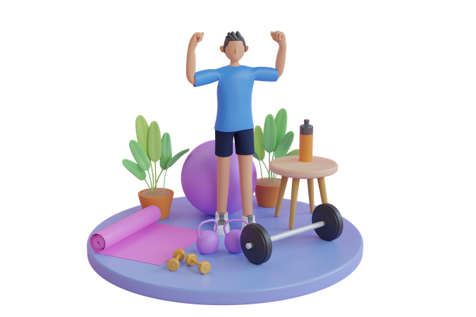 Homem com equipamento de fitness  3D Illustration