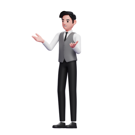 Homem com gesto falante está se apresentando usando um colete cinza de escritório  3D Illustration