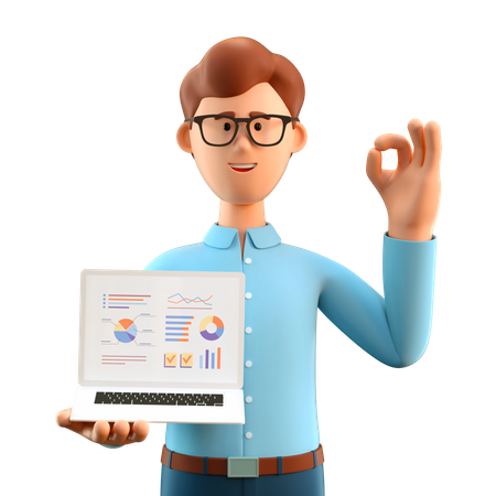 Homem com gesto ok mostrando gráficos de negócios na tela do laptop  3D Illustration