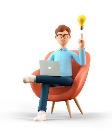 Ilustracao 3 D De Um Homem Sorridente Com Laptop E Lampada Na Cabeca Sentado Em Uma Poltrona Empresario De Desenho Animado Criando Novas Boas Ideias Ou Pensamentos Trabalhando No Escritorio 3D Illustration