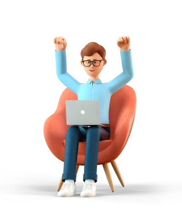 Ilustracao 3 D De Um Homem Feliz Com Laptop Sentado Em Uma Poltrona E Jogando As Maos Para O Alto Empresario Alegre Dos Desenhos Animados Comemorando O Sucesso 3D Illustration
