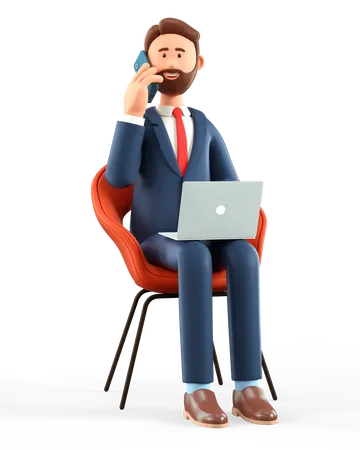 Ilustracao 3 D De Um Homem Feliz Com Laptop Falando No Smartphone E Sentado Em Uma Cadeira Empresario De Desenho Animado Ao Telefone Trabalhando No Escritorio 3D Illustration