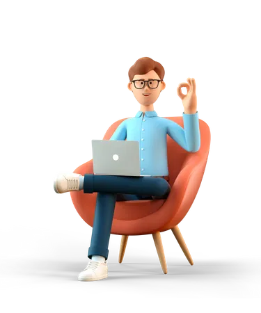 Ilustracao 3 D De Um Homem Feliz Sorridente Com Laptop Sentado Em Uma Poltrona E Mostrando Um Gesto Ok Empresario De Desenho Animado Com Sinal De Ok Trabalhando No Escritorio E Usando Redes Sociais 3D Illustration