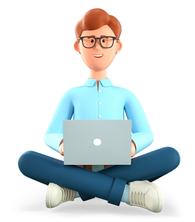 Homem com laptop sentado no chão  3D Illustration