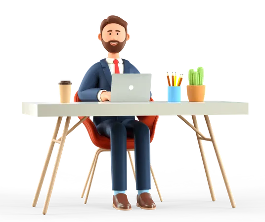 Ilustracao 3 D Do Homem Trabalhando Na Mesa Do Escritorio Moderno Empresario De Desenho Animado Ou Freelancer Usando Laptop Conceito De Local De Trabalho 3D Illustration