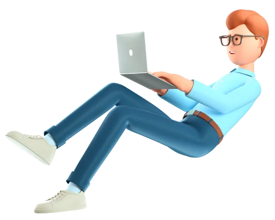 Ilustracao 3 D De Um Homem Sorridente Fofo Com Laptop Voando No Ar Cartoon Caindo Empresario Relaxante Freelancer Usando Redes Sociais Trabalho Online Conceito De Local De Trabalho 3D Illustration