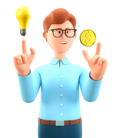 Homem com moeda de ouro e lâmpada  3D Illustration