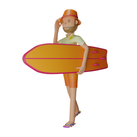 Homem com prancha de surf  3D Illustration