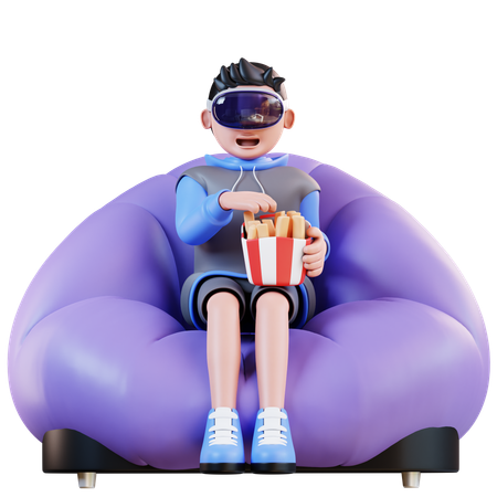 Homem comendo batatas fritas enquanto usa realidade virtual  3D Illustration