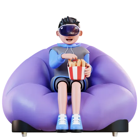 Homem comendo batatas fritas enquanto usa realidade virtual  3D Illustration