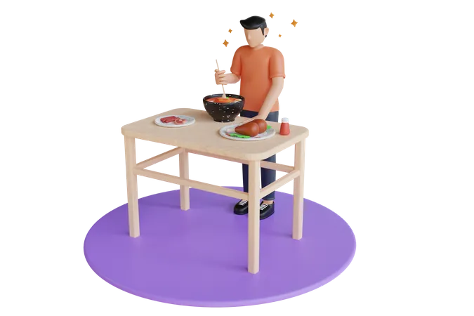 Ilustracao 3 D Do Homem Pondo A Mesa Com Comidas Deliciosas Durante O Dia Em Casa Cara Preparando O Jantar Ou Almoco Com Especiarias E Ervas 3D Illustration