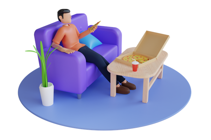 Homem comendo pizza em casa  3D Illustration