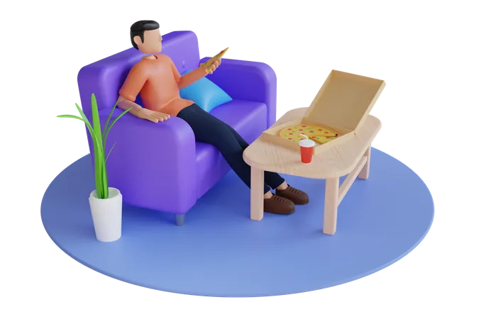 Homem comendo pizza em casa  3D Illustration