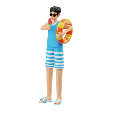 Homem come sorvete na praia  3D Illustration