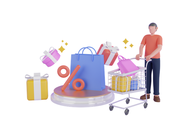 Homem fazendo compras durante a venda  3D Illustration