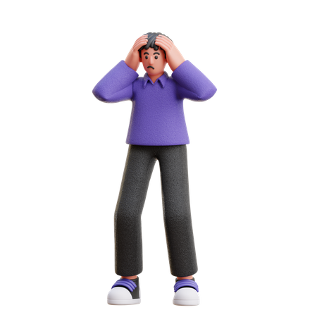 Homem confuso está parado com as duas mãos na cabeça  3D Illustration