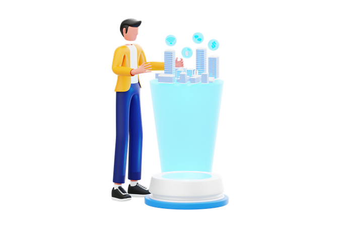 Homem controla modelo digital de cidade inteligente  3D Icon
