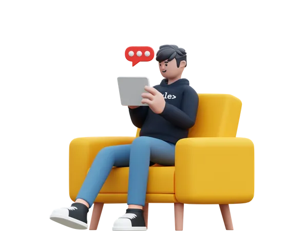 Homem conversando on-line enquanto está sentado no sofá  3D Illustration