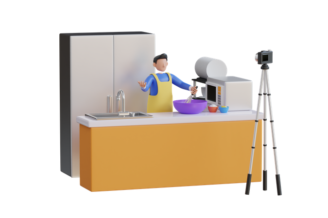 Homem cozinhando e gravando vídeo culinário para blog  3D Illustration