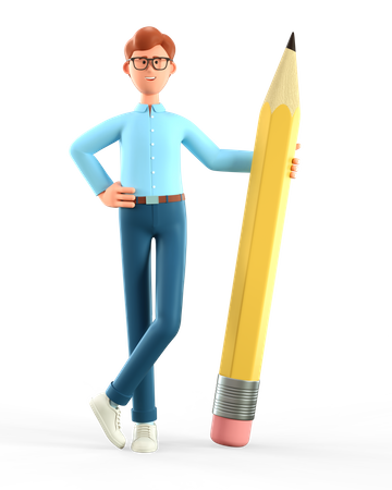Homem criativo segurando um lápis grande  3D Illustration