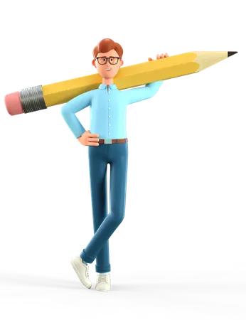Homem criativo segurando um lápis grande no ombro  3D Illustration