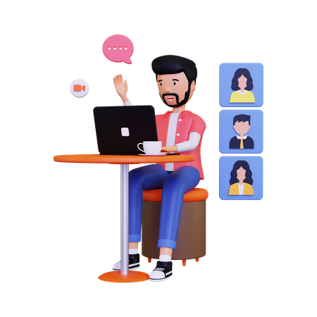 Homem cumprimenta amigos durante um vídeo em grupo  3D Icon