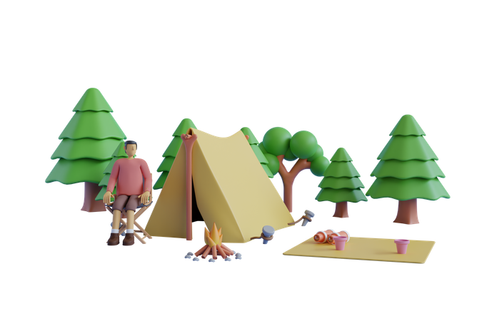 Homem gostando de acampar na floresta  3D Illustration